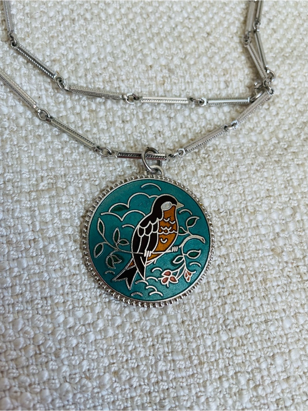 Sarah Coventry Vintage Silver Tone Teal Bird Medallion Bar Link Necklace 24"